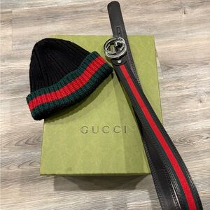 Gucci Black Beanie and Belt with Red and Green Stripes